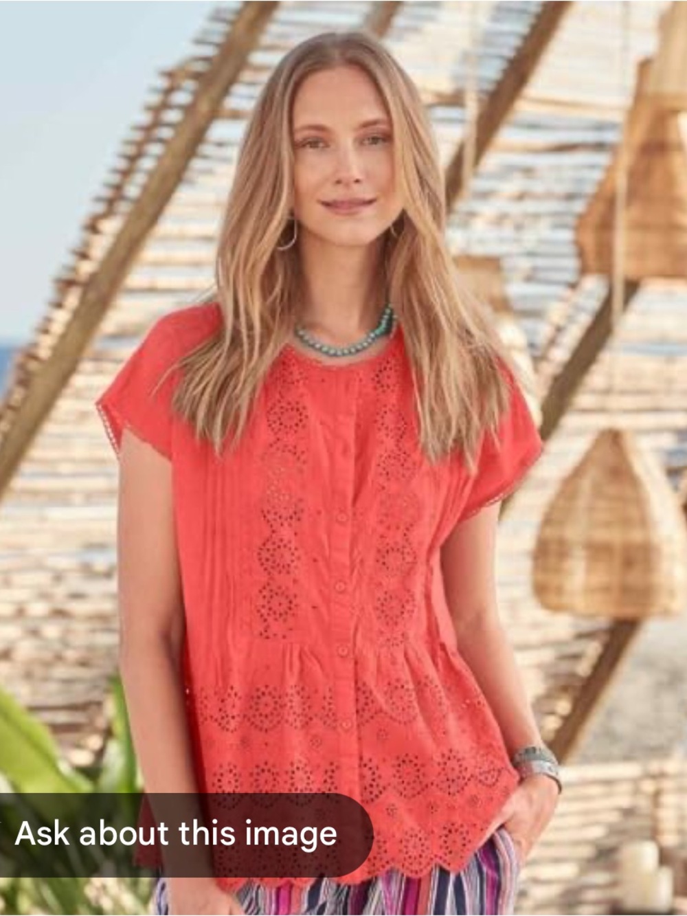 Sundance Coral Red Embroidered Eyelet Pintuck Cap Sleeve Blouse Boho M